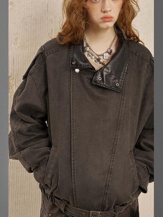 DIDDI MODA Washed Denim Leather Collar Relaxed Women&