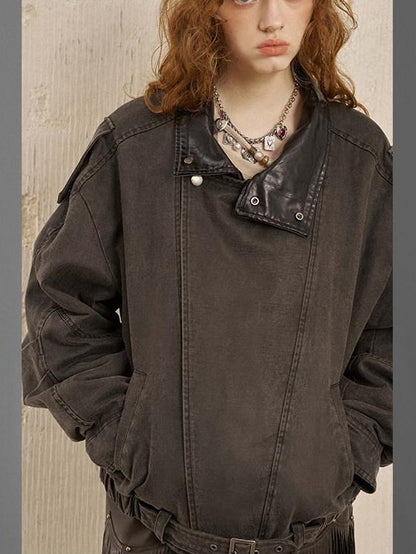 DIDDI MODA Washed Denim Leather Collar Relaxed Women&