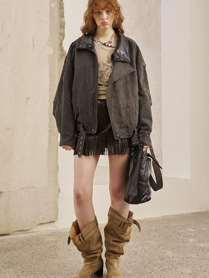 DIDDI MODA Washed Denim Leather Collar Relaxed Women&