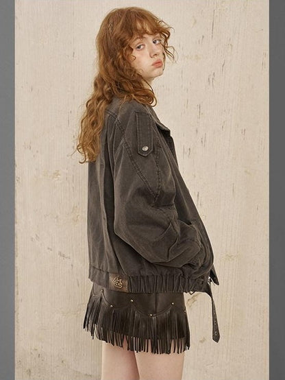 DIDDI MODA Washed Denim Leather Collar Relaxed Women&