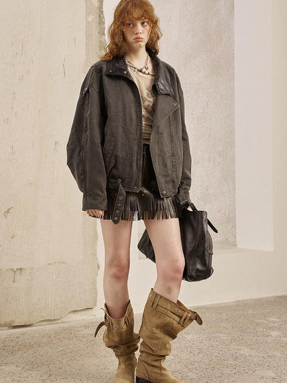 DIDDI MODA Washed Denim Leather Collar Relaxed Women&