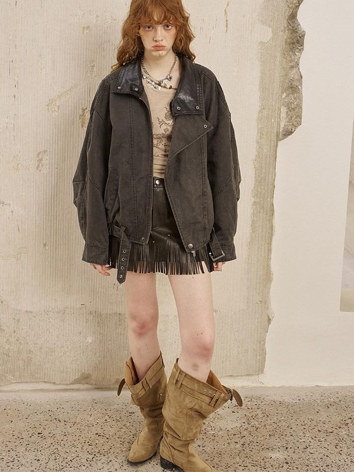 DIDDI MODA Washed Denim Leather Collar Relaxed Women&