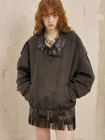 DIDDI MODA Washed Denim Leather Collar Relaxed Women&
