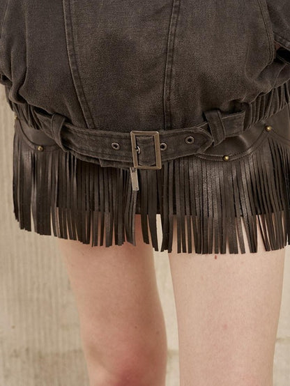 DIDDI MODA Washed Denim Leather Collar Relaxed Women&