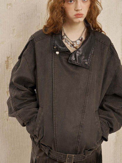 DIDDI MODA Washed Denim Leather Collar Relaxed Women&