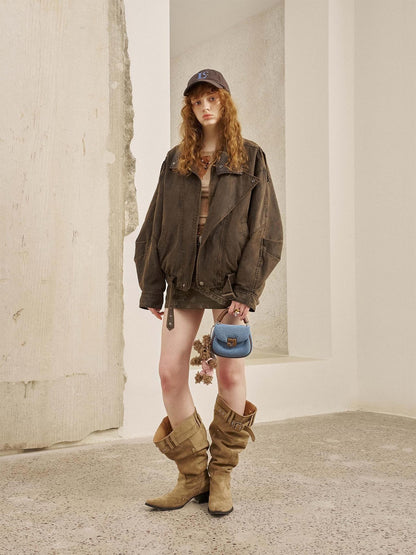 DIDDI MODA Washed Denim Leather Collar Relaxed Women&