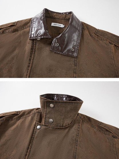 DIDDI MODA Washed Denim Leather Collar Relaxed Women&