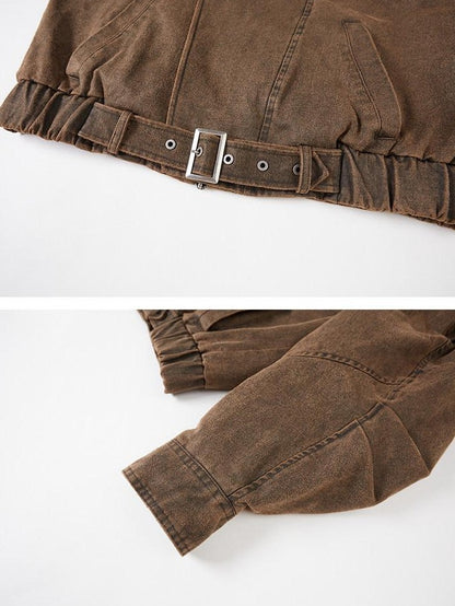 DIDDI MODA Washed Denim Leather Collar Relaxed Women&