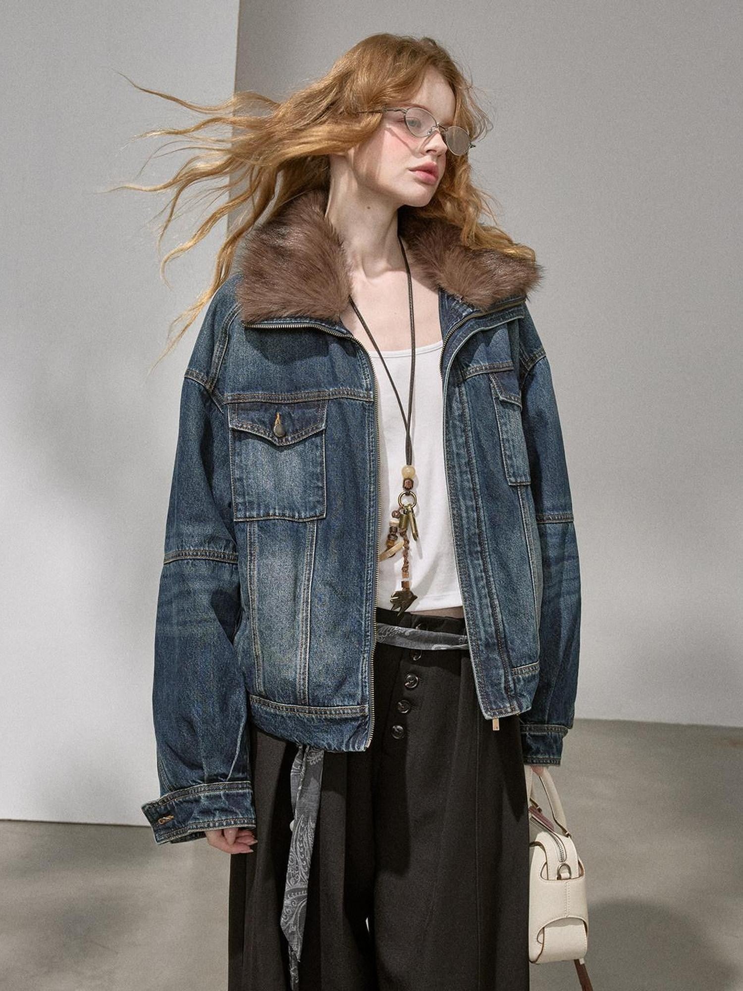 DIDDI MODA Washed Denim Padded Zip Utility Women&