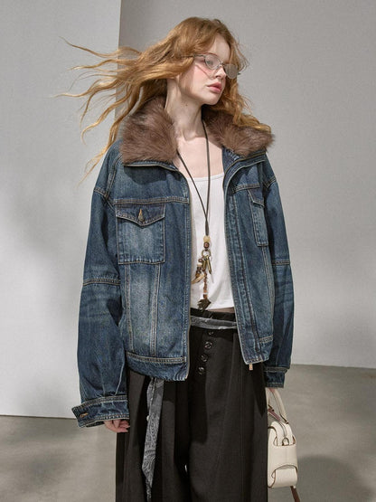 DIDDI MODA Washed Denim Padded Zip Utility Women&