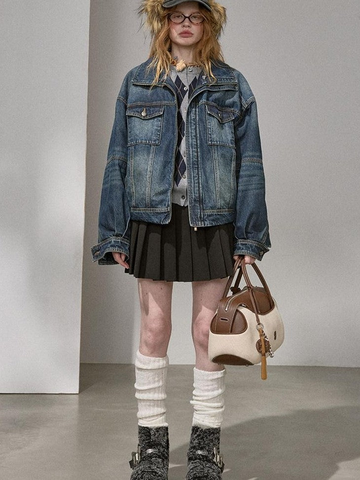 DIDDI MODA Washed Denim Padded Zip Utility Women&