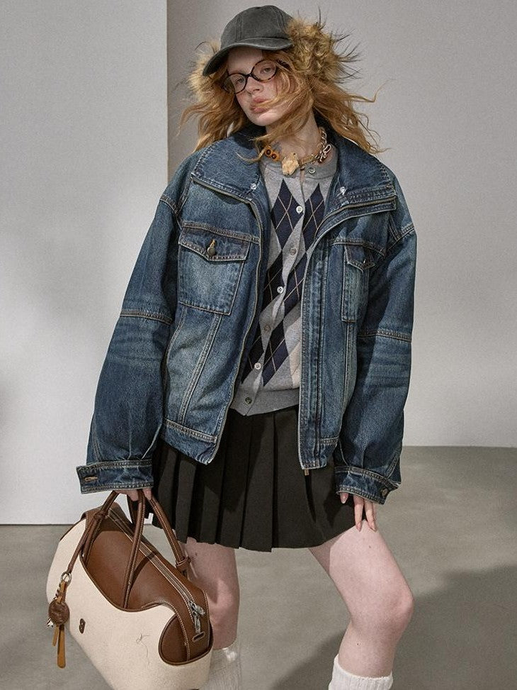 DIDDI MODA Washed Denim Padded Zip Utility Women&