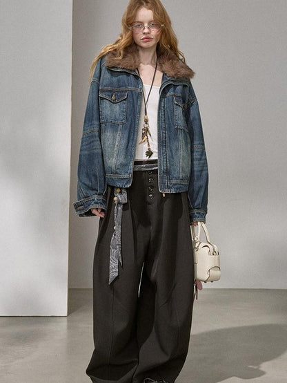 DIDDI MODA Washed Denim Padded Zip Utility Women&