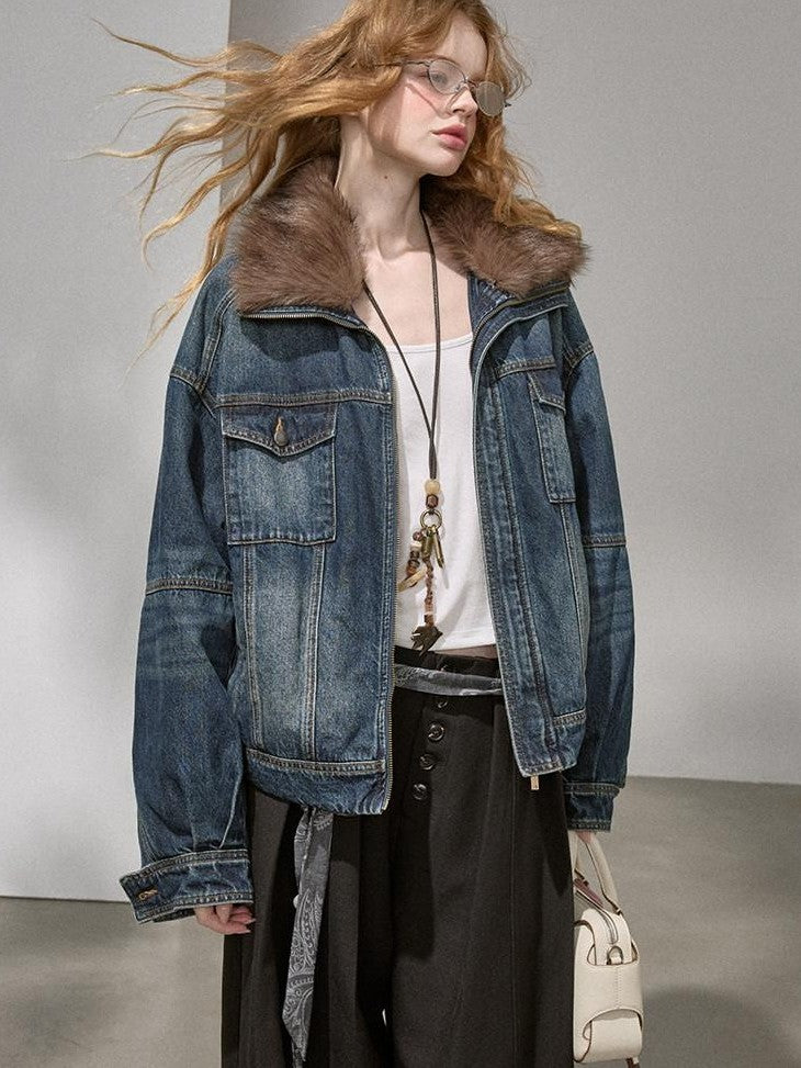 DIDDI MODA Washed Denim Padded Zip Utility Women&