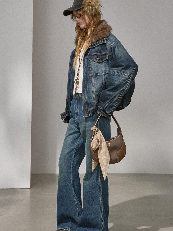 DIDDI MODA Washed Denim Padded Zip Utility Women&