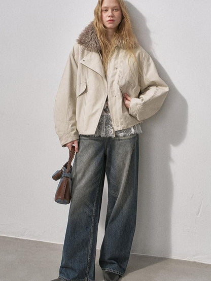DIDDI MODA Washed Denim Padded Zip Utility Women&