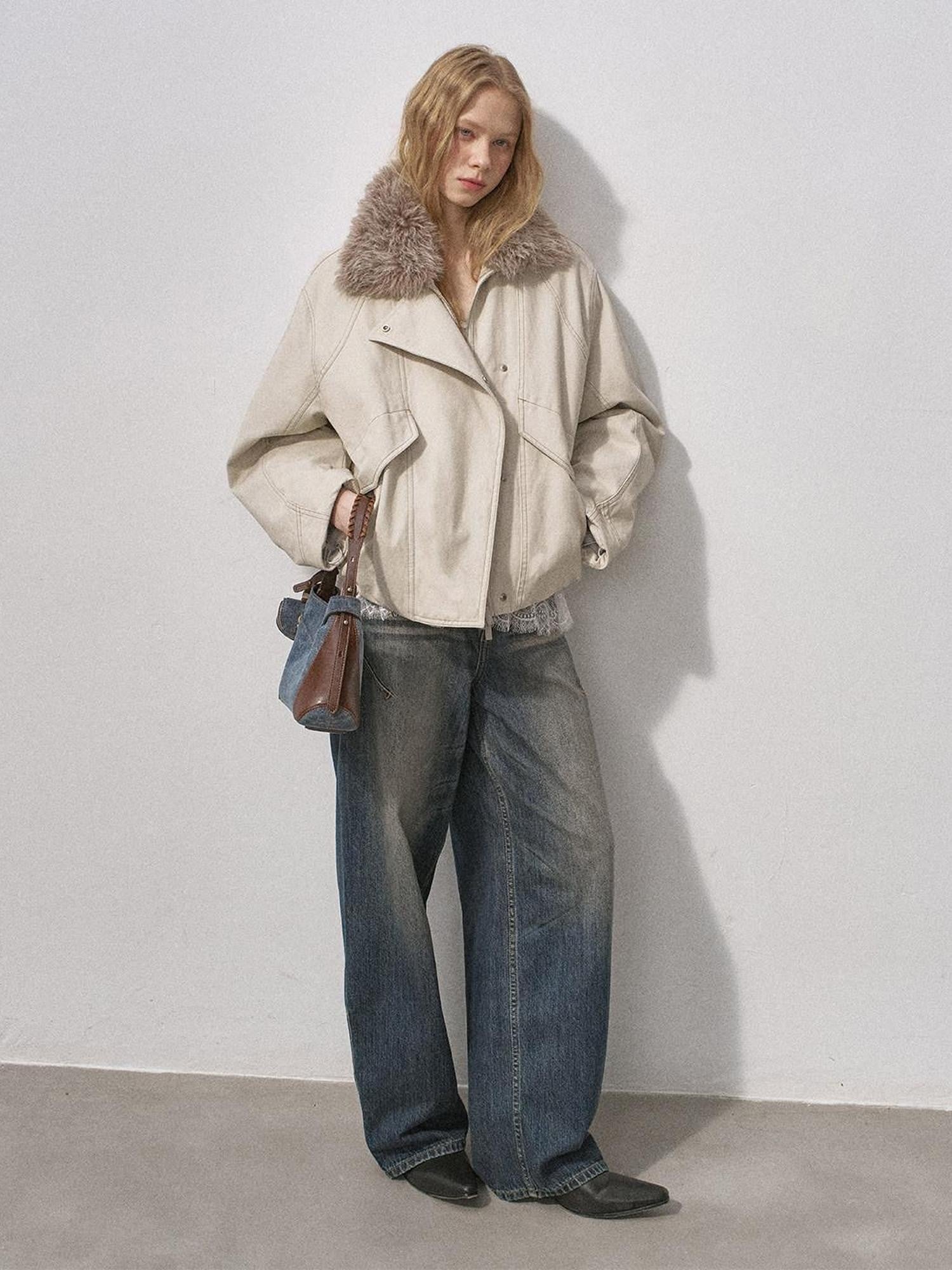 DIDDI MODA Washed Denim Padded Zip Utility Women&