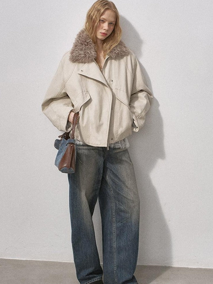 DIDDI MODA Washed Denim Padded Zip Utility Women&