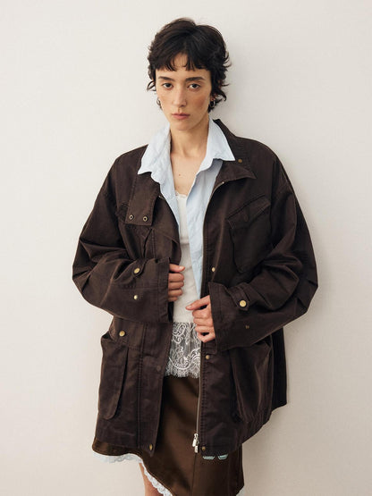 DIDDI MODA Washed Distressed Collared Multi Pocket Loose Mid Length Women&
