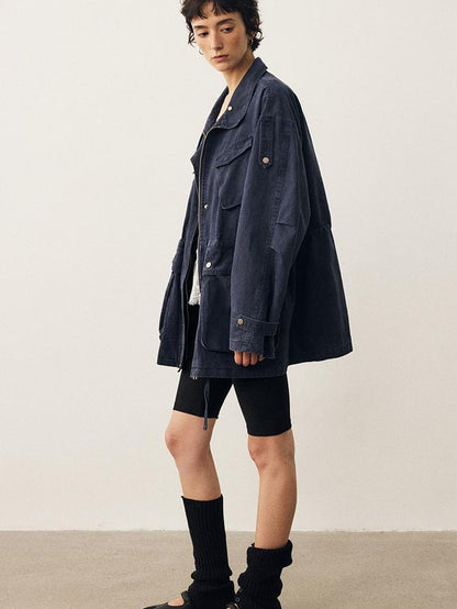 DIDDI MODA Washed Distressed Collared Multi Pocket Loose Mid Length Women&
