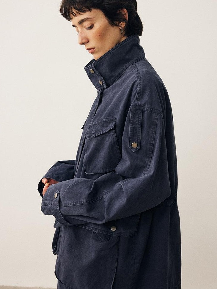 DIDDI MODA Washed Distressed Collared Multi Pocket Loose Mid Length Women&