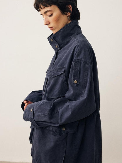 DIDDI MODA Washed Distressed Collared Multi Pocket Loose Mid Length Women&
