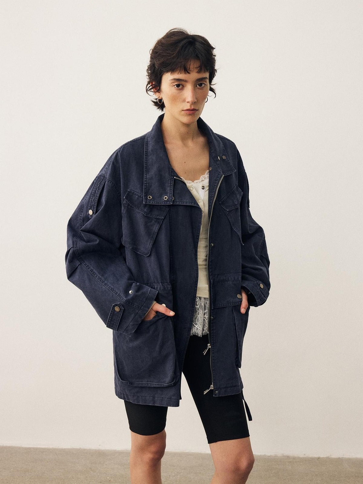 DIDDI MODA Washed Distressed Collared Multi Pocket Loose Mid Length Women&