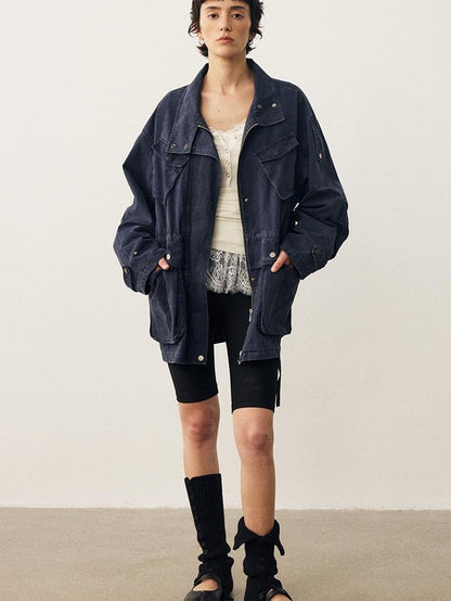 DIDDI MODA Washed Distressed Collared Multi Pocket Loose Mid Length Women&