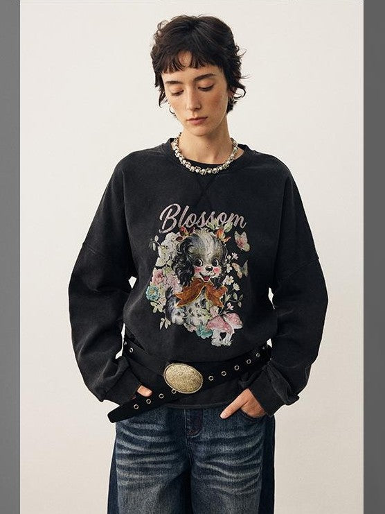 DIDDI MODA Washed Distressed Dog Print Drop Shoulder Loose Fit Women&