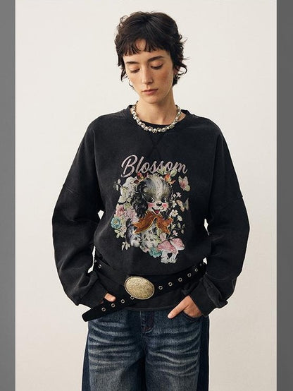DIDDI MODA Washed Distressed Dog Print Drop Shoulder Loose Fit Women&