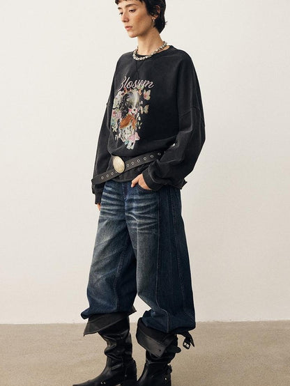 DIDDI MODA Washed Distressed Dog Print Drop Shoulder Loose Fit Women&