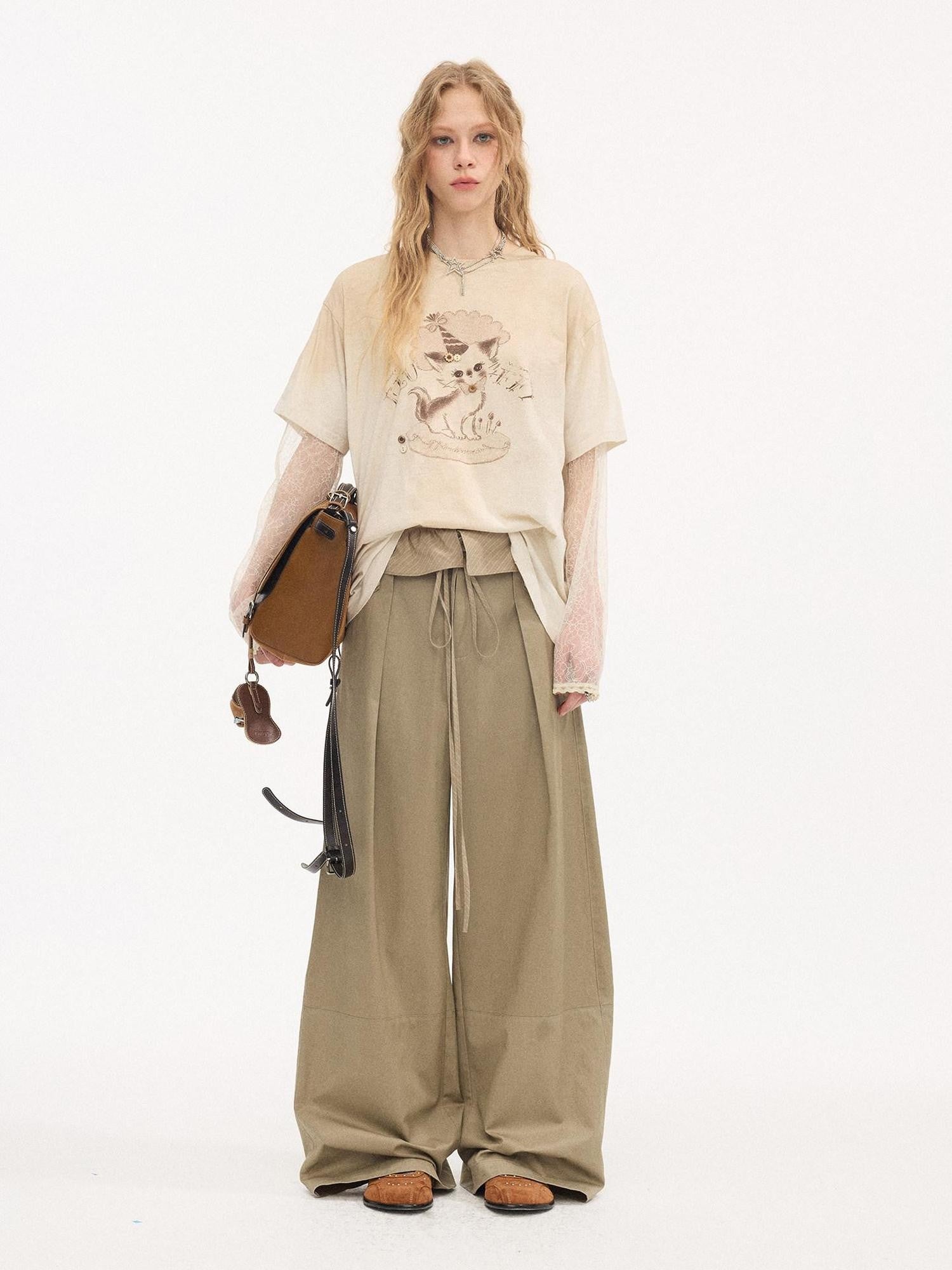 DIDDI MODA Washed Faux Layered Cake Cat Crewneck Relaxed Women&