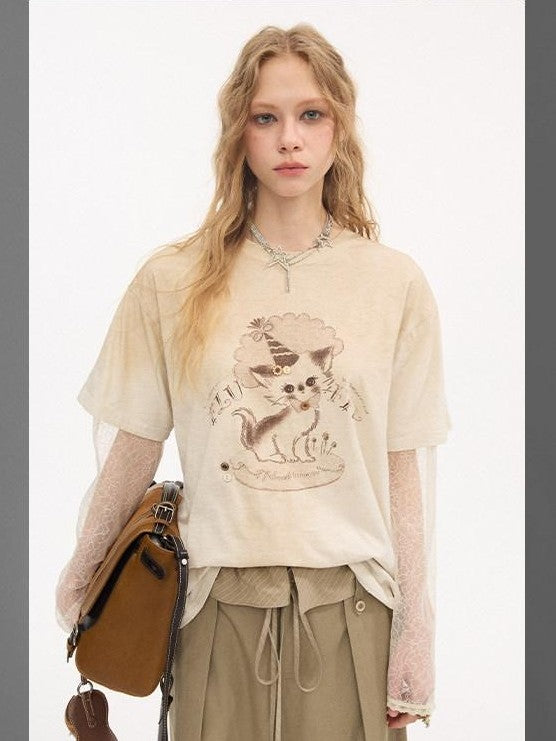 DIDDI MODA Washed Faux Layered Cake Cat Crewneck Relaxed Women&