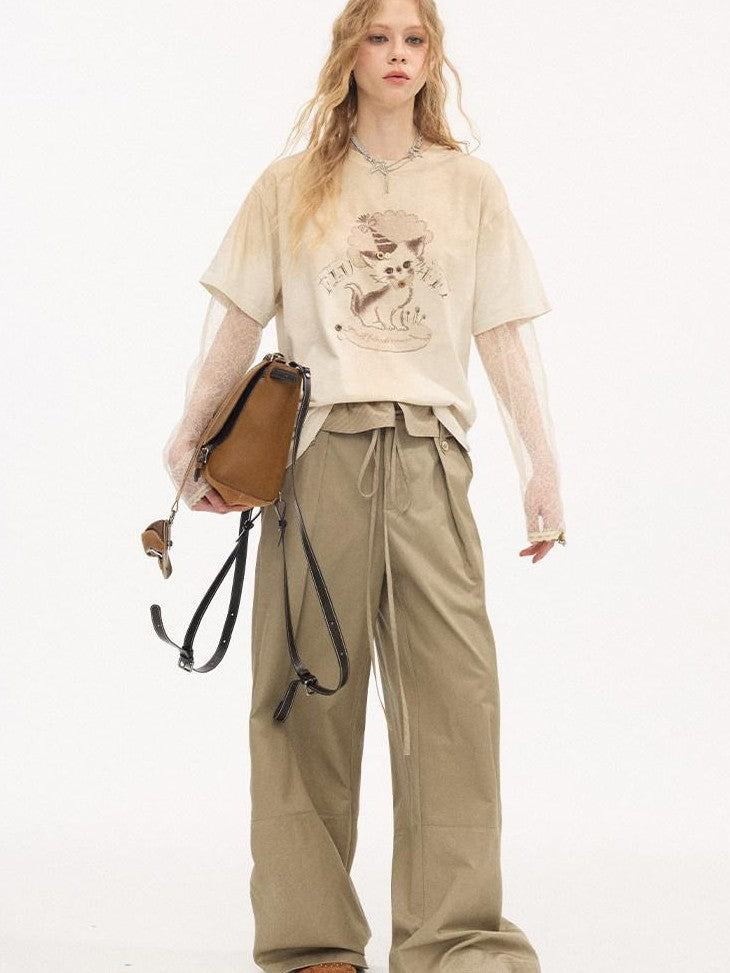 DIDDI MODA Washed Faux Layered Cake Cat Crewneck Relaxed Women&