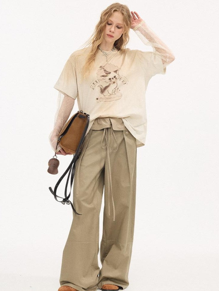 DIDDI MODA Washed Faux Layered Cake Cat Crewneck Relaxed Women&