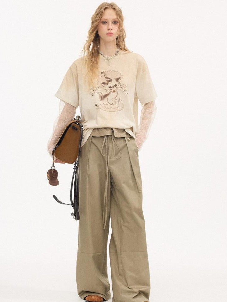 DIDDI MODA Washed Faux Layered Cake Cat Crewneck Relaxed Women&