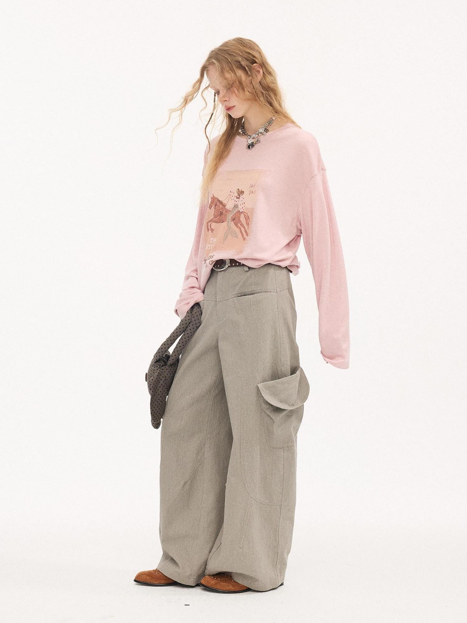 DIDDI MODA Washed Gray Green Vintage Pocket Wide Leg Natural Waist Women&