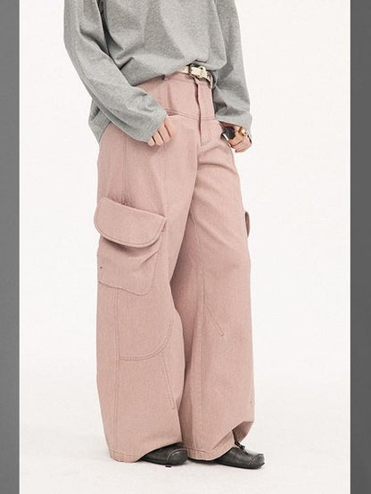 DIDDI MODA Washed Gray Green Vintage Pocket Wide Leg Natural Waist Women&