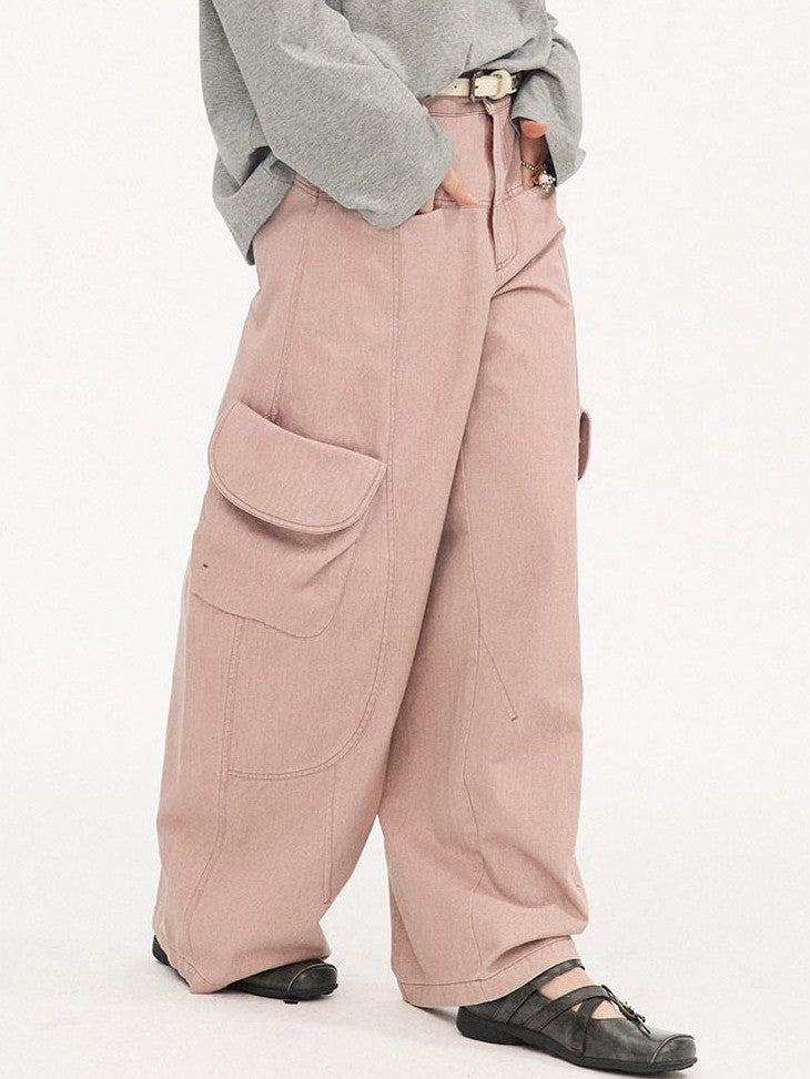 DIDDI MODA Washed Gray Green Vintage Pocket Wide Leg Natural Waist Women&