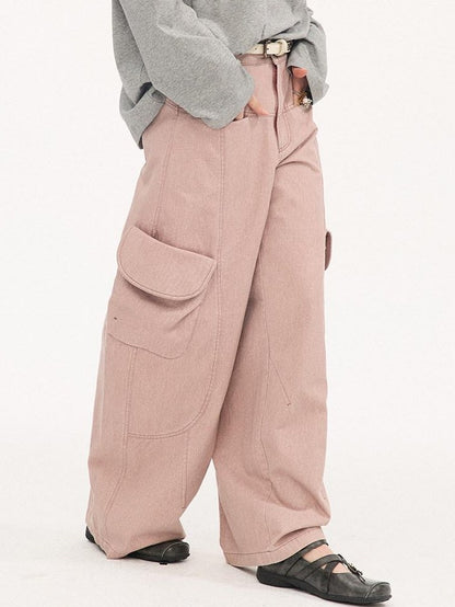 DIDDI MODA Washed Gray Green Vintage Pocket Wide Leg Natural Waist Women&