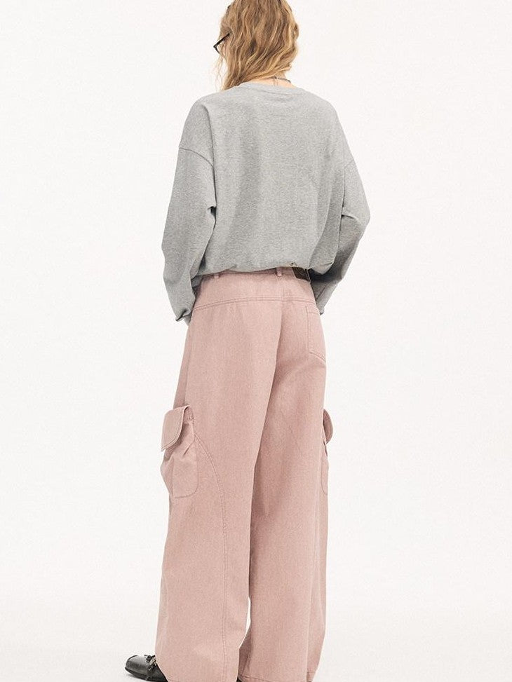 DIDDI MODA Washed Gray Green Vintage Pocket Wide Leg Natural Waist Women&
