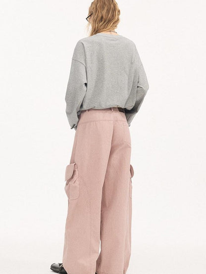 DIDDI MODA Washed Gray Green Vintage Pocket Wide Leg Natural Waist Women&