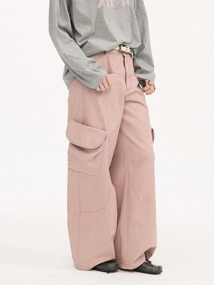 DIDDI MODA Washed Gray Green Vintage Pocket Wide Leg Natural Waist Women&