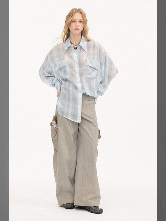 DIDDI MODA Washed Gray Green Vintage Pocket Wide Leg Natural Waist Women&