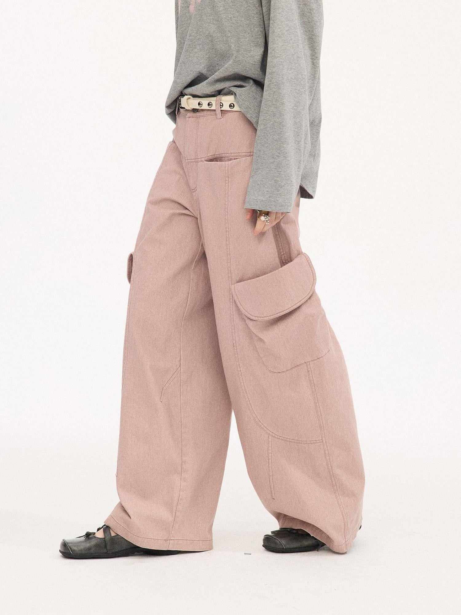 DIDDI MODA Washed Gray Green Vintage Pocket Wide Leg Natural Waist Women&