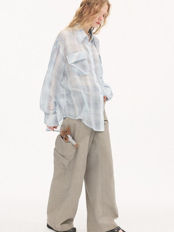 DIDDI MODA Washed Gray Green Vintage Pocket Wide Leg Natural Waist Women&