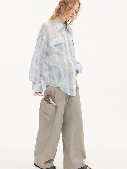 DIDDI MODA Washed Gray Green Vintage Pocket Wide Leg Natural Waist Women&