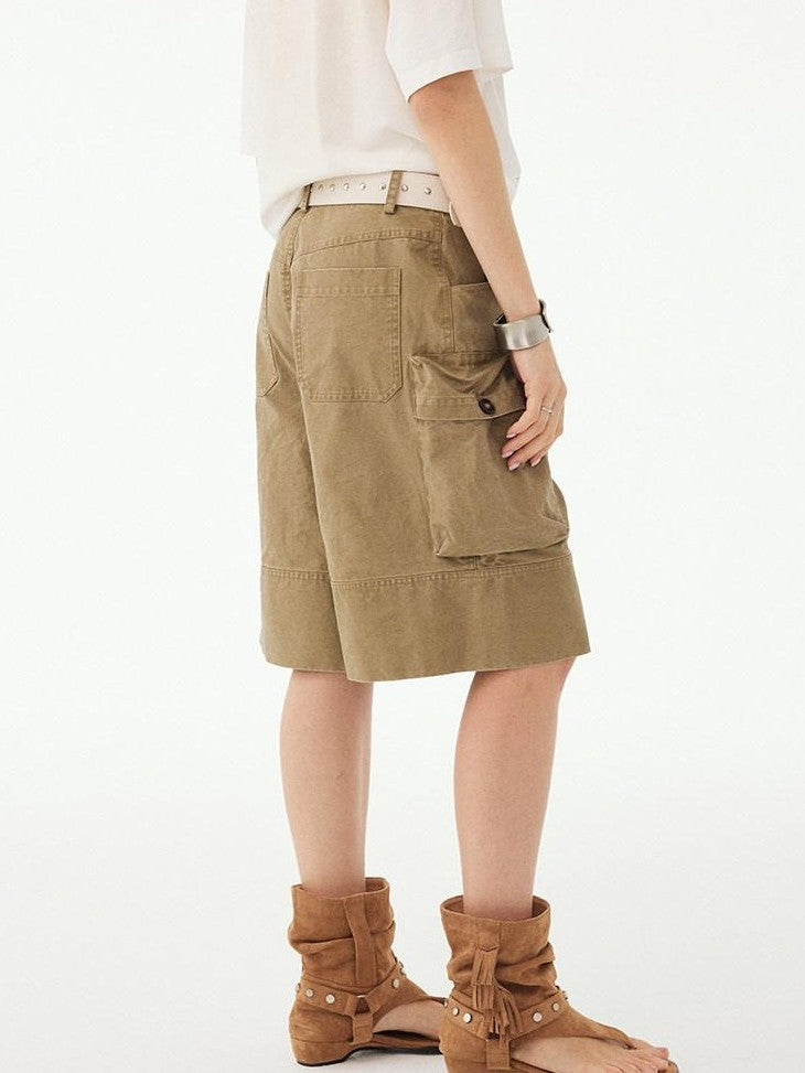 DIDDI MODA Washed Khaki Distressed Multi Pocket High Waist Straight Women&