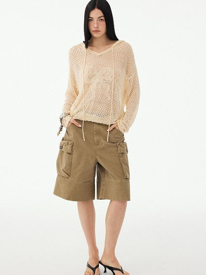 DIDDI MODA Washed Khaki Distressed Multi Pocket High Waist Straight Women&