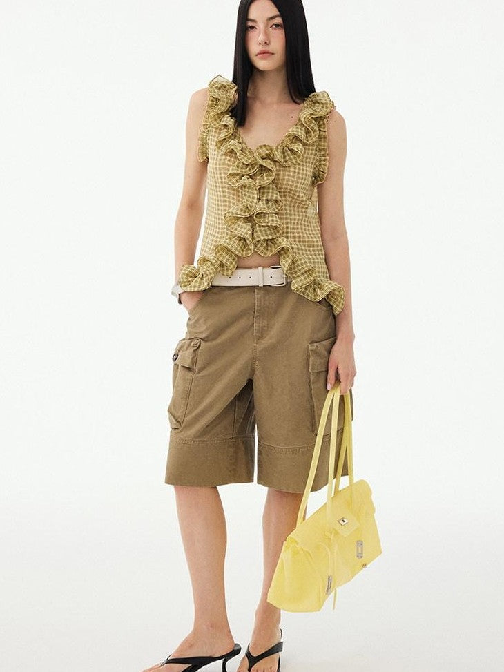 DIDDI MODA Washed Khaki Distressed Multi Pocket High Waist Straight Women&